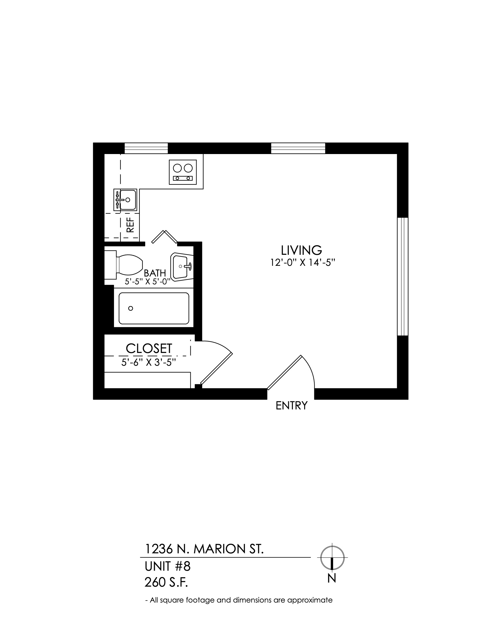 Floor plan for studio, 1 bath, 255 sqft